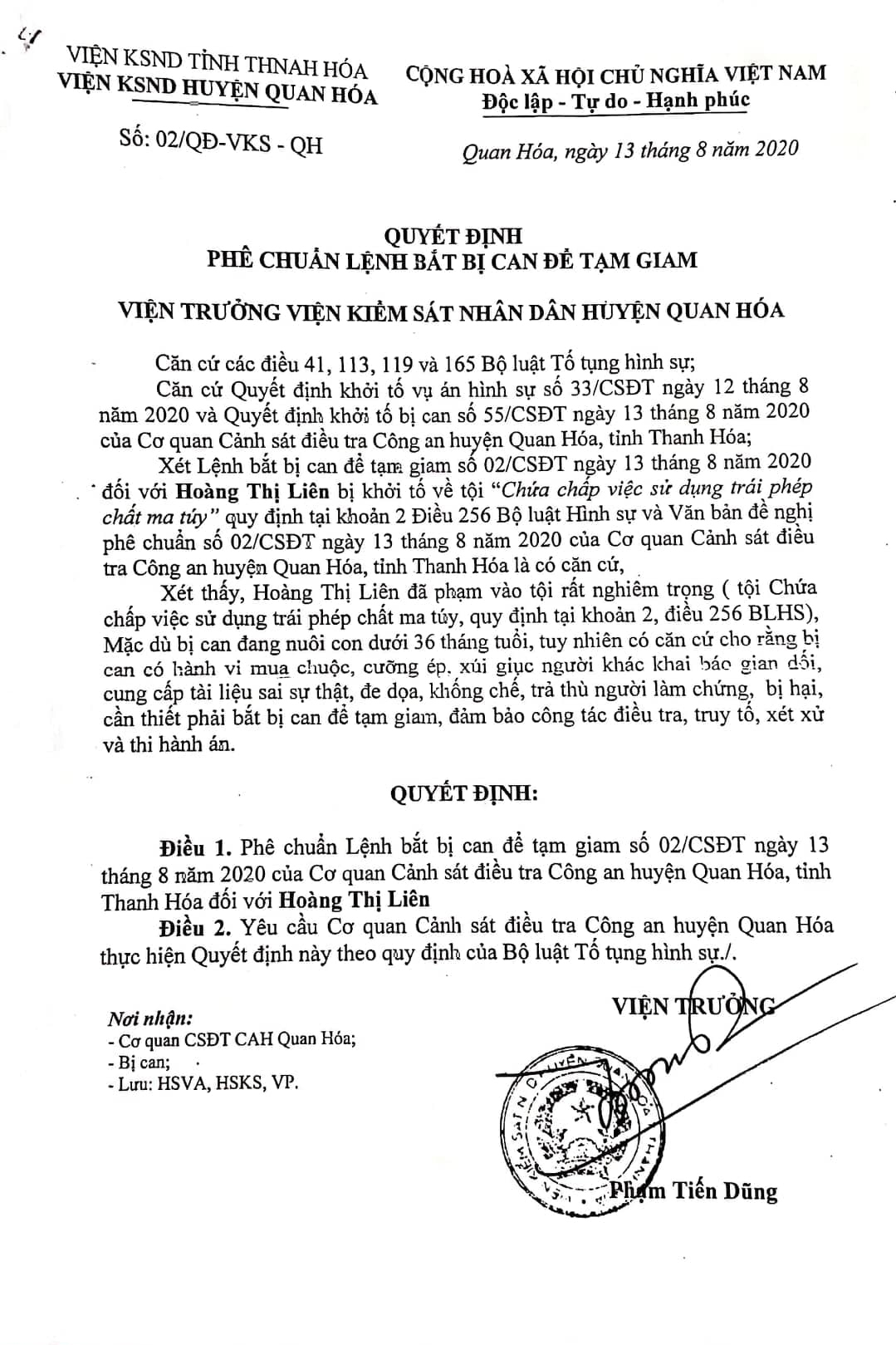 Quyết định phê chuẩn lệnh bắt bị can để tạm giam của Viện KSND huyện Quan Hóa