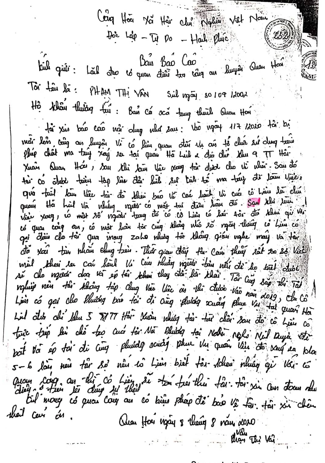 Bản báo cáo của cô Phạm Thị Vân