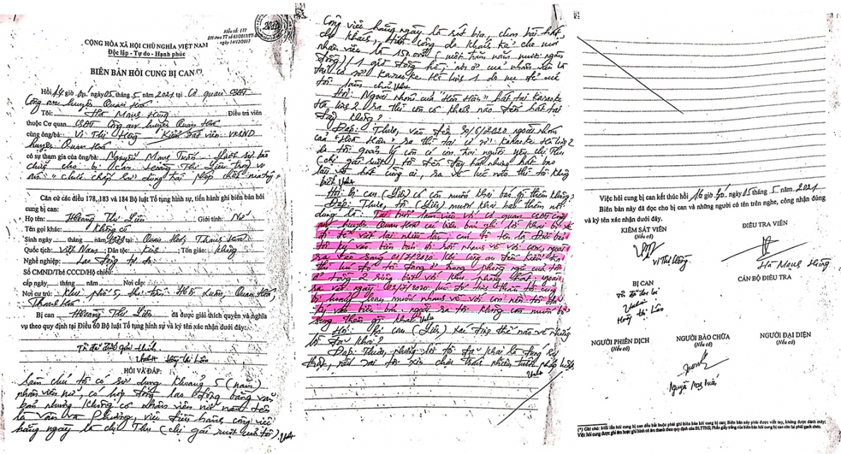 Biên bản ghi lời khai bị can Hoàng Thị Liên