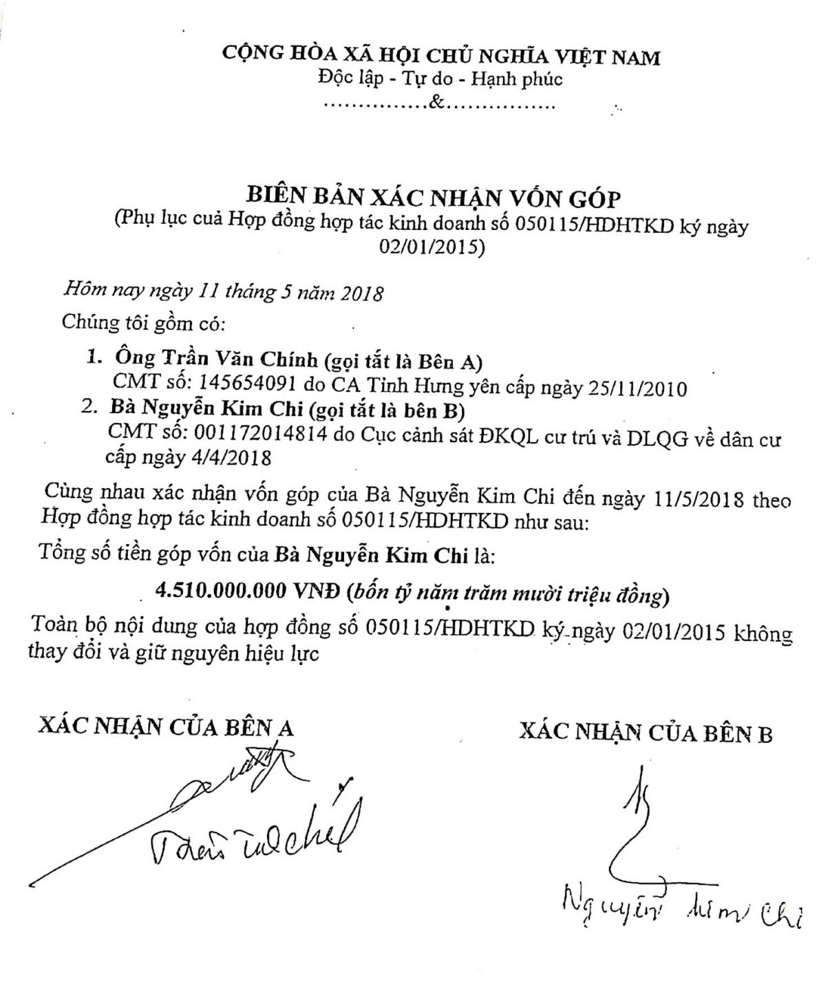 Bản xác nhận vốn đầu tư của bà Nguyễn Kim Chi