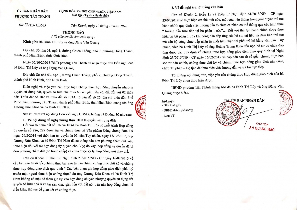 Thông báo số 26/TB-UBND đã có dấu, do người đại diện theo ủy quyền của bà Lũy yêu cầu văn thư đóng
