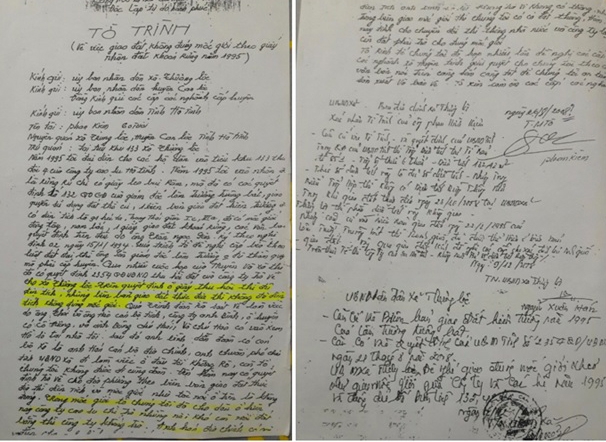 Tờ trình của ông Kiệm đề nghị giao đúng mốc giới được UBND xã Thượng Lộc đồng thuận