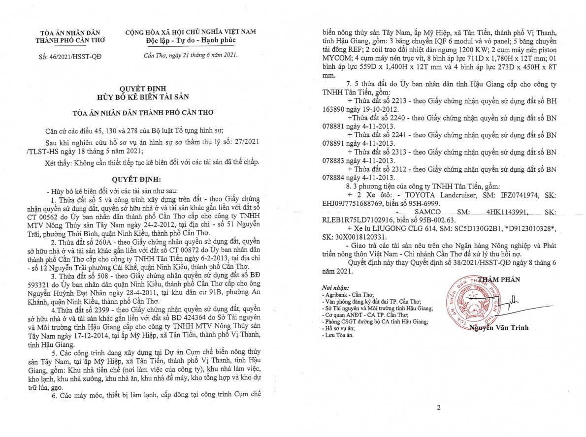 Quyết định hủy bỏ kê biên tài sản số 46/2021/HSST-QĐ của TAND TP Cần Thơ, thay thế Quyết định số 38/2021/HSST-QĐ