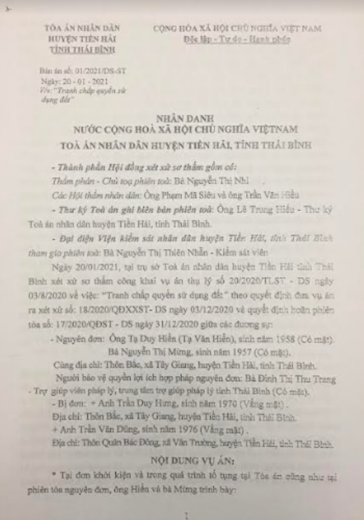 Bản án sơ thẩm số 01 của TAND huyện Tiền Hải