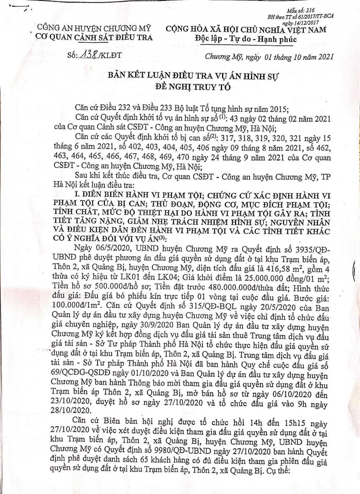 Kết luận điều tra vụ án hình sự, đề nghị truy tố số 138/KLĐT ngày 1/10/2021, của Cơ quan Cảnh sát điều tra Công an huyện Chương Mỹ 
