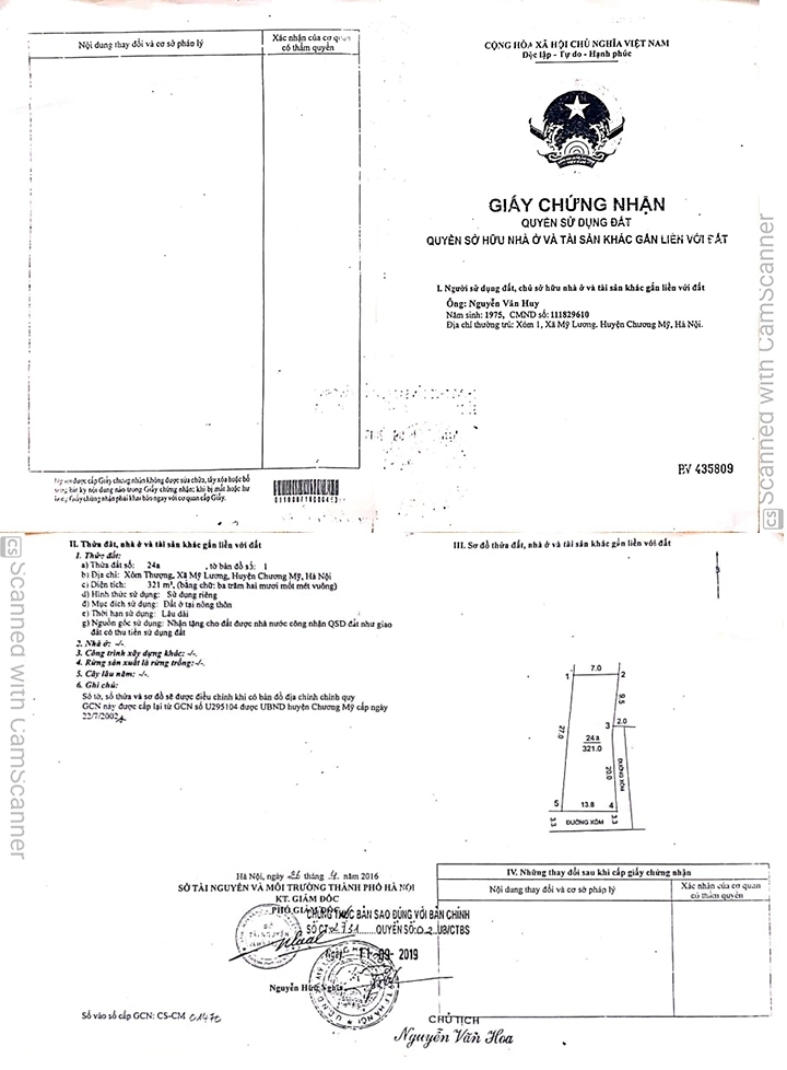 Giấy chứng nhận quyền sử dụng đất cấp cho anh Nguyễn Văn Huy