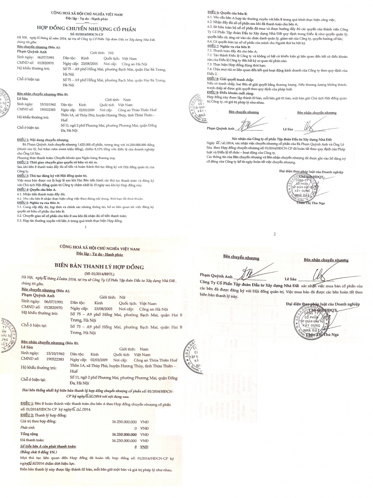 Hợp đồng chuyển nhượng cổ phần và Biên bản thanh lí hợp đồng ông Sáu kí với bà Quỳnh Anh trong cùng một ngày