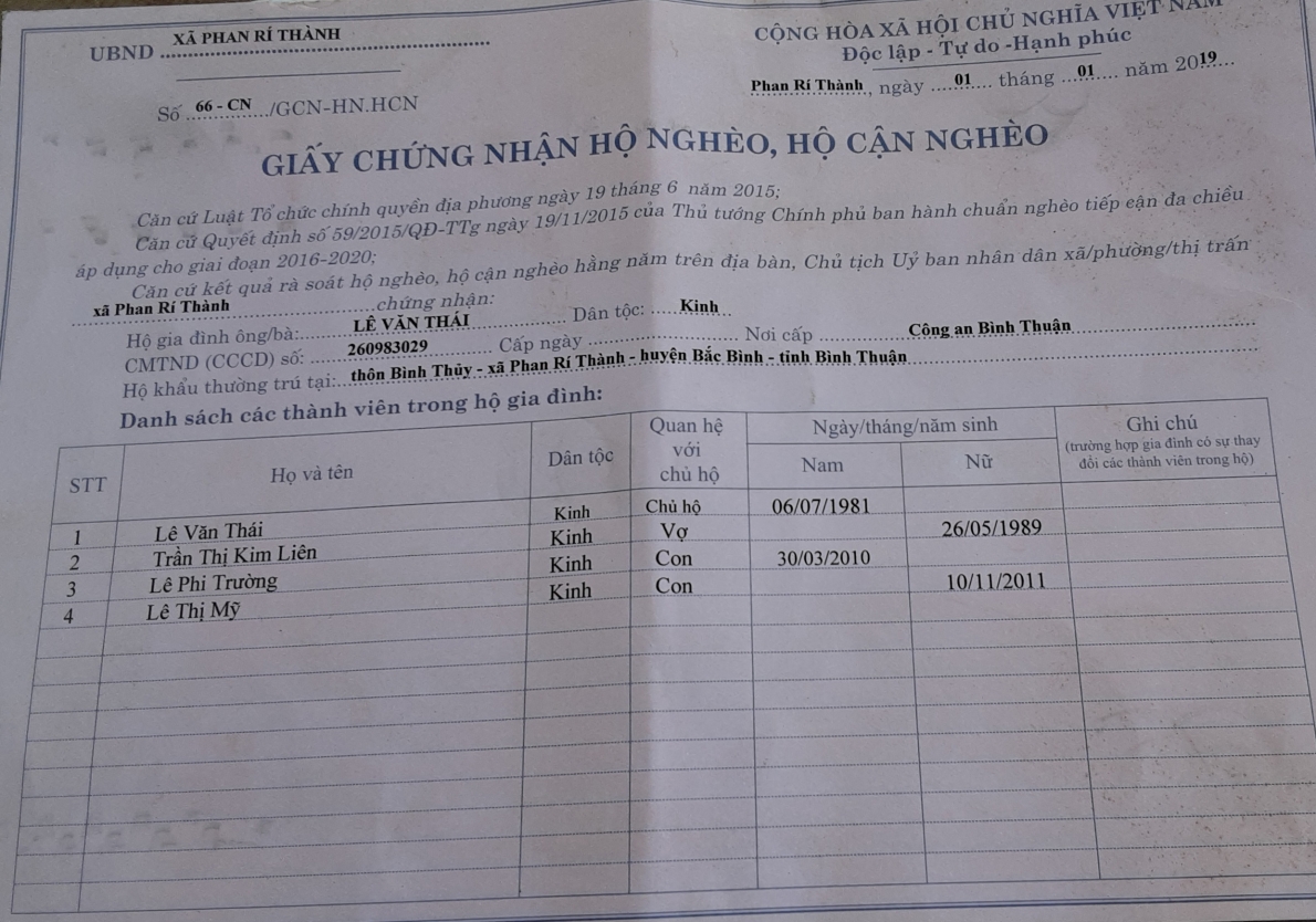 Giấy chứng nhận hộ nghèo của hộ ông Thái, bà Liên