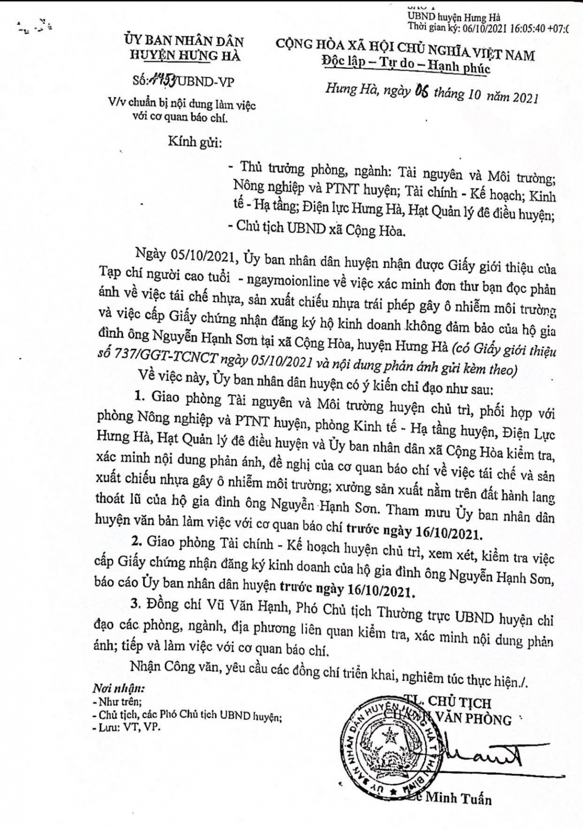 Ngày 6/10/2021, UBND huyện Hưng Hà có Văn bản số 1453/UBND-VP giao cho Phòng Tài nguyên và Môi trường chủ trì làm việc với Tạp chí Người cao tuổi