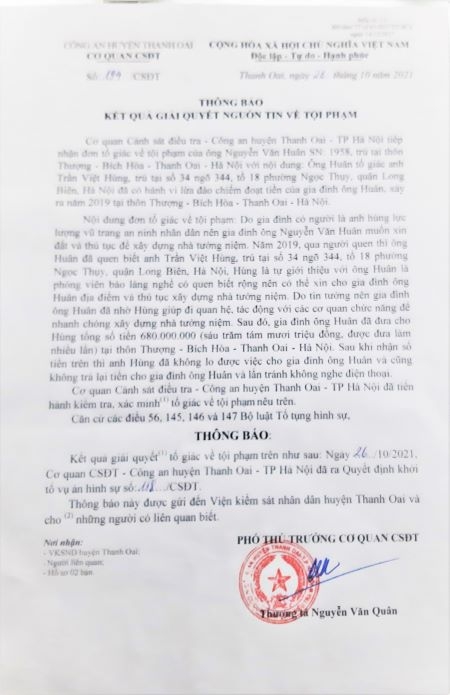 Thông báo quyết định khởi tố vụ án hình sự số 118/CSĐT ngày 26/10/2021