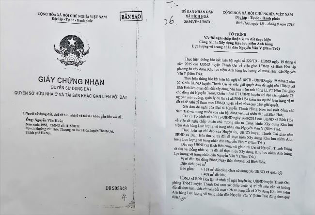 Sổ đỏ của hộ ông Nguyễn Văn Huân và tờ trình của UBND xã Bích Hòa
