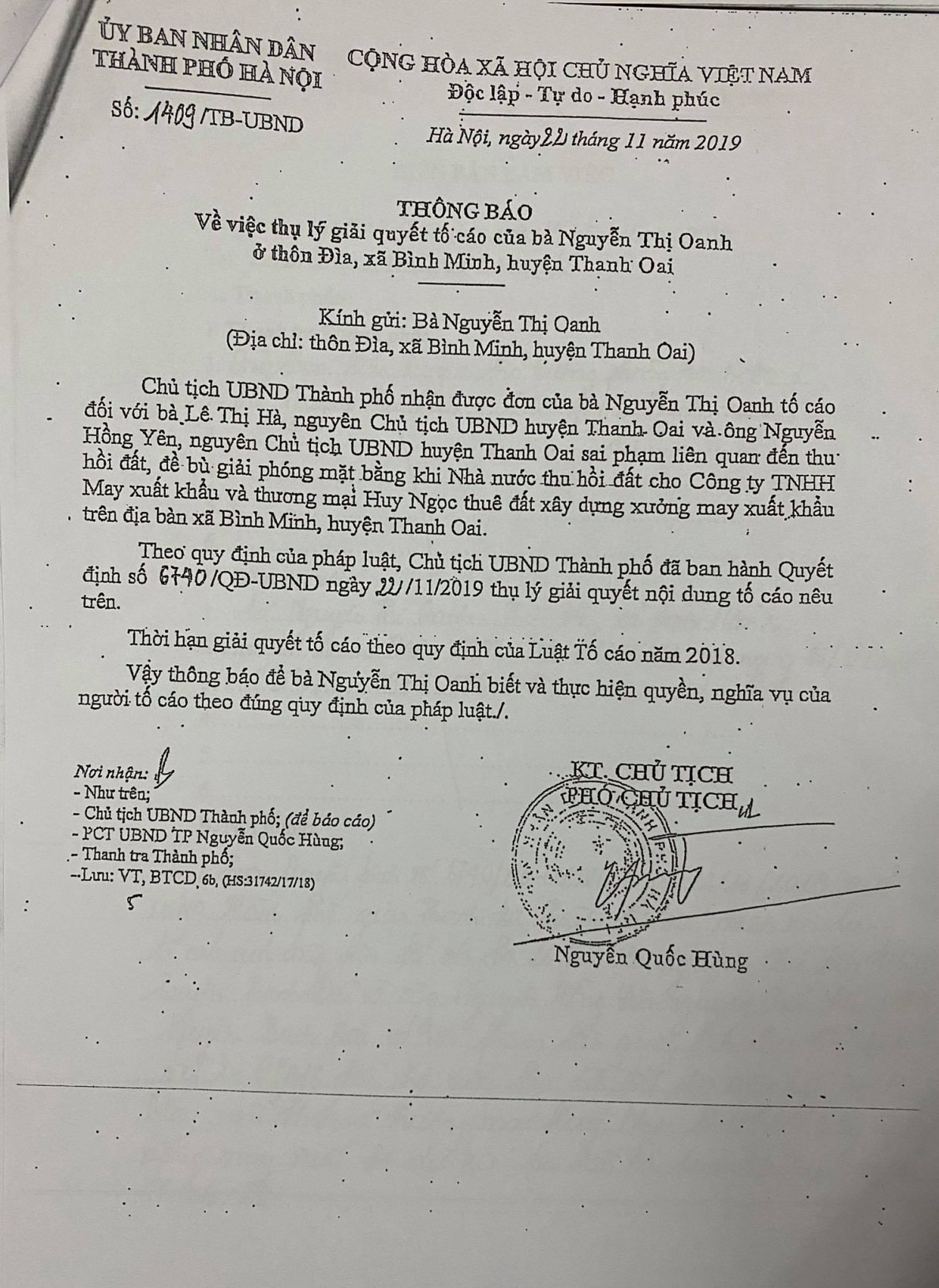 Thông báo của UBND TP Hà Nội về việc thụ lý đơn của bà Nguyễn Thị Oanh