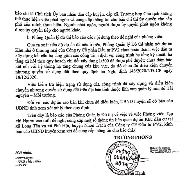 Báo cáo số 186/BC.QLĐT ngày 4/5/2021 của Phòng Quản lí đô thị huyện Nhơn Trạch