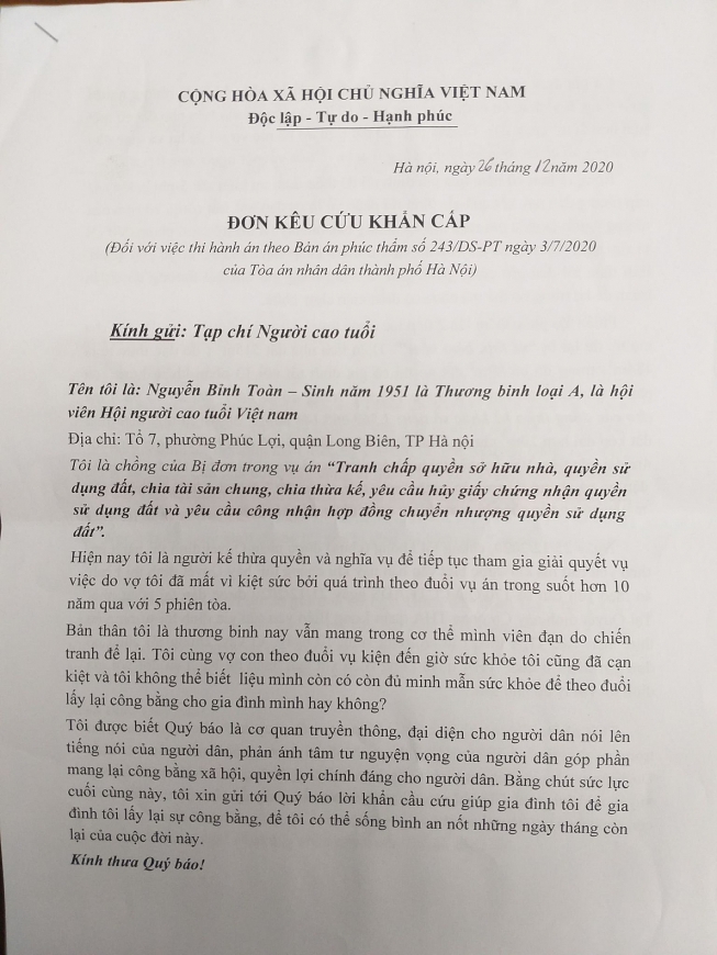 Đơn ông Toàn gửi Tạp chí Người cao tuổi