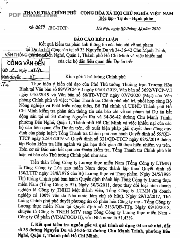 Kết luận số 2099/BC-TTCP ngày 2/12/2020 của TTCP gửi Thủ tướng Chính phủ.
