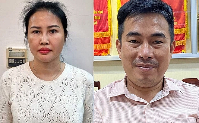 Bị can Hoàng Thị Thúy Nga và Lương Tấn Thành tại cơ quan điều tra. Ảnh: Cơ quan điều tra cung cấp.