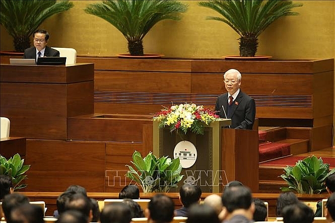 Tổng Bí thư, Chủ tịch nước Nguyễn Phú Trọng trình bày Báo cáo tổng kết công tác nhiệm kỳ 2016-2021 của Chủ tịch nước. Ảnh: Dương Giang/TTXVN