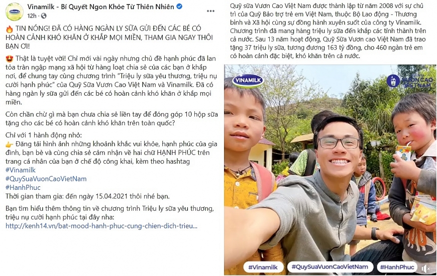 Chiến dịch vẫn tiếp tục đến 15/4/2021, với mỗi chia sẻ được đăng tải, bạn sẽ cùng Vinamilk gửi 10 hộp sữa đến các em nhỏ kém may mắn.