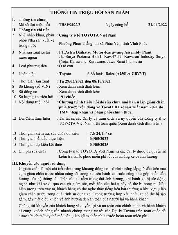 Thông tin triệu hồi được thông báo trên trang web của Cục Đăng kiểm Việt Nam.