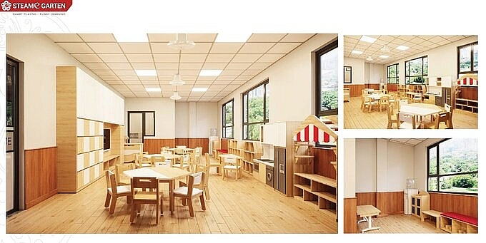 Hệ thống lớp học khang trang, giáo cụ khoa học, tích hợp nhiều tiện ích giúp kích thích tối đa cảm hứng học tập cho trẻ mầm non.