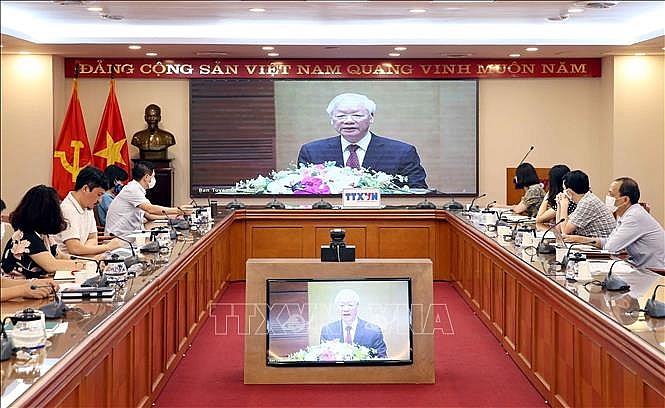 Quang cảnh hội nghị tại điểm cầu Thông tấn xã Việt Nam, số 5 Lý Thường Kiệt, Hà Nội. Ảnh: Phạm Kiên/TTXVN