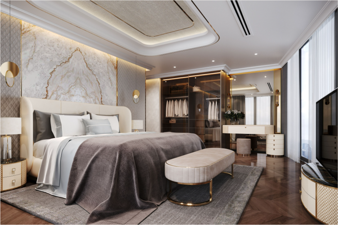 Các căn hộ được sử dụng họa tiết đường line dát vàng, vân đá tự nhiên với màu sắc trung tính, thể hiện sự giàu có tinh tế và thời thượng