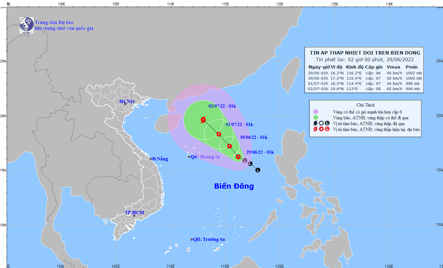 Áp thấp nhiệt đới di chuyển theo hướng Tây Bắc, có xu hướng mạnh thêm. Ảnh: nchmf.gov.vn