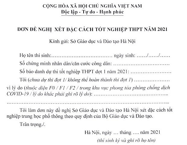 Mẫu đơn xin xét đặc cách của Sở Giáo dục và Đào tạo Hà Nội.
