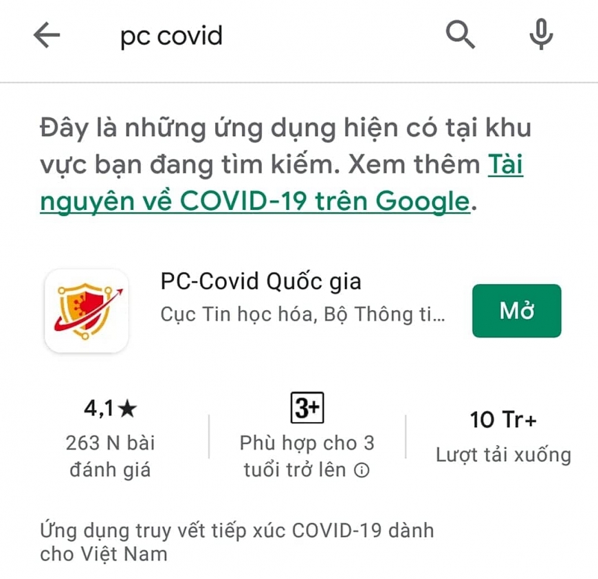 Ứng dụng PC-COVID xuất hiện trên Google Play Store.