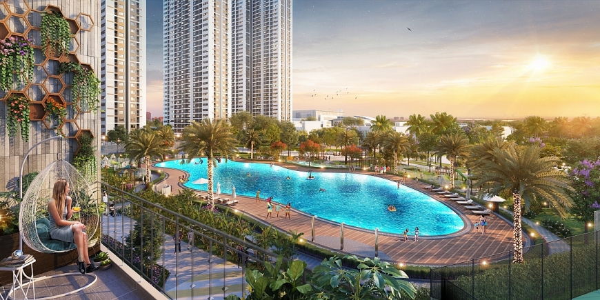 Góc view chuẩn phong cách resort ra bể bơi và nội khu xanh mướt