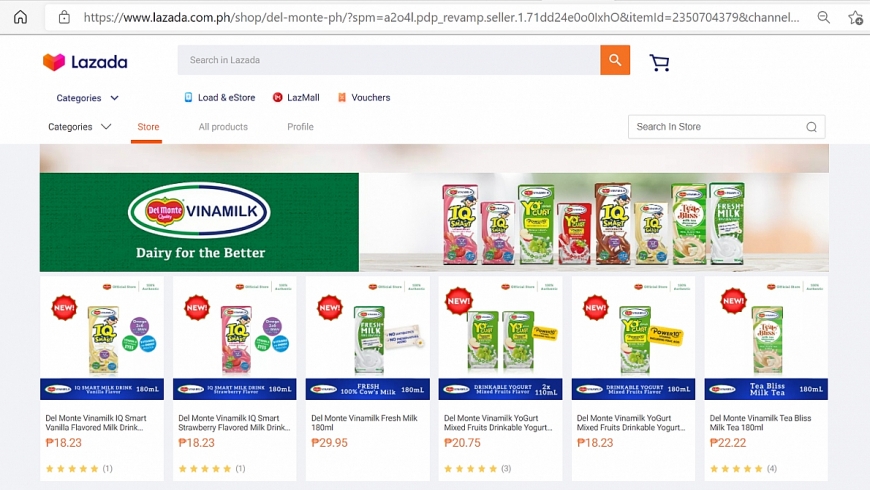 Các sản phẩm của Del Monte-Vinamilk đã có mặt tại các gian hàng chính thức trên kênh thương mại điện tử như Shopee và Lazada tại Philippines