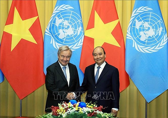 Chủ tịch nước Nguyễn Xuân Phúc và Tổng Thư ký Liên hợp quốc António Guterres. Ảnh: Thống Nhất/TTXVN
