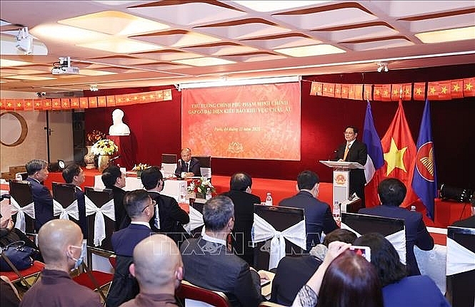 Thủ tướng Phạm Minh Chính phát biểu tại cuộc gặp các kiều bào. Ảnh: Dương Giang/TTXVN