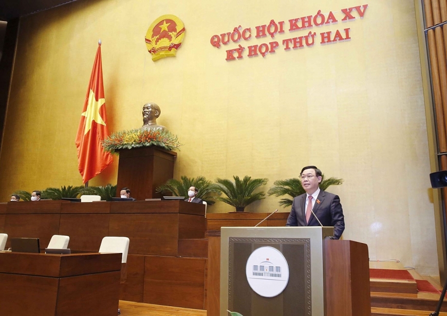 Chủ tịch Quốc hội Vương Đình Huệ phát biểu bế mạc Kỳ họp thứ hai, Quốc hội khóa XV. Ảnh: Doãn Tấn/TTXVN