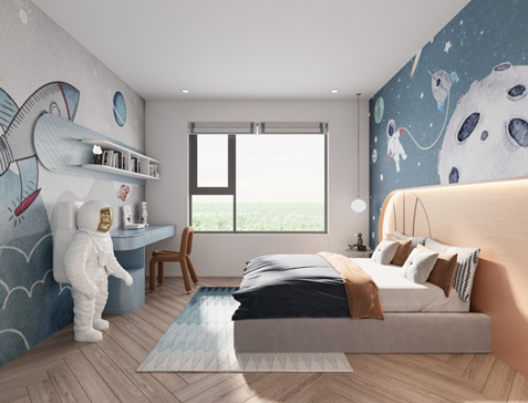 Phòng ngủ trẻ em được sắp đặt hướng trực diện ra hồ điều hoà 4,8ha. Thiết kế hệ cửa sổ kính lớn giúp đón trọn tầm nhìn ra khoảng không gian xanh rộng lớn như một điểm chấm phá tươi mát cho cả căn phòng. 