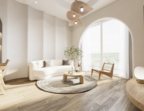 Khu vực phòng khách nối liền ra ban công, gia chủ có thể cách điệu ô kính vuông bằng khung vòm và lựa chọn những set đồ phòng khách mềm mại, trang nhã, đậm chất Á Đông, mang đến một không gian vô cùng nhẹ nhàng, thư thái. 