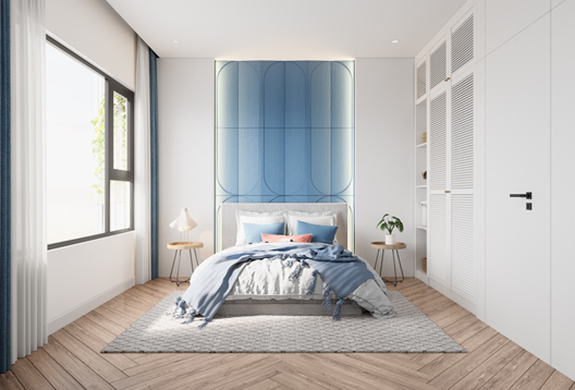 Ánh sáng tự nhiên cũng được đưa vào phòng ngủ thông qua cửa sổ vách kính lớn.