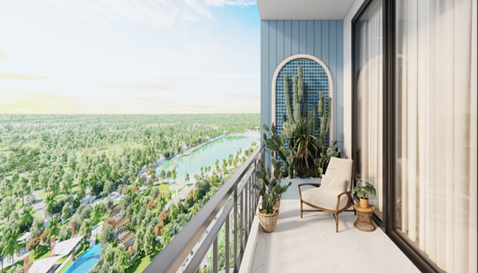 Kể cả với căn hộ studio hay căn hộ 1 phòng ngủ + 1 có diện tích khiêm tốn thì chủ đầu tư cũng dành quỹ đất khoảng 3 – 4m2 cho khu vực ban công. Chỉ cần bố trí một chút tiểu cảnh và ghế tựa, gia chủ có thể hô biến ban công thành góc đọc sách, ngắm phố phường cực thư giãn.