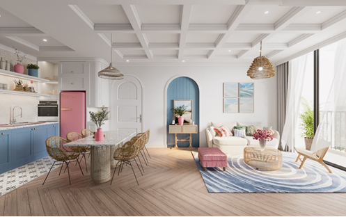 Thiết kế liên hoàn giữa phòng bếp, phòng ăn và phòng khách trong diện tích 26m2 giúp căn hộ trở nên rộng, thoáng. Lựa chọn thêm phong cách nội thất hiện đại với màu sắc chủ đạo là trắng và hồng, xanh pastel sẽ làm không gian trở nên vô cùng tươi mát, dễ chịu. 