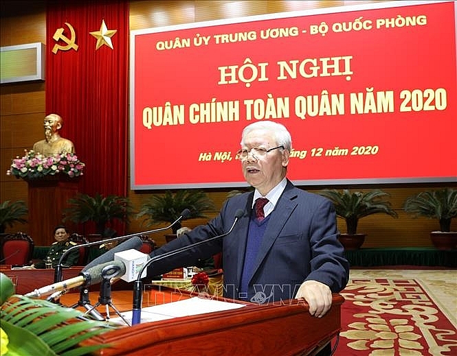 Tổng Bí thư, Chủ tịch nước Nguyễn Phú Trọng, Bí thư Quân ủy Trung ương phát biểu chỉ đạo Hội nghị. Ảnh: Trí Dũng/TTXVN