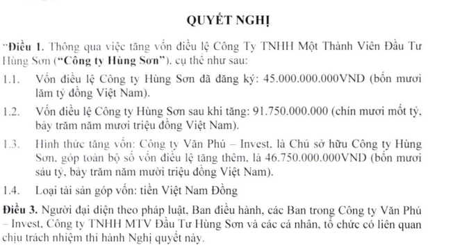 Chủ sở hữu của Công ty TNHH MTV Đầu tư Hùng Sơn là Công ty cổ phần Đầu tư Văn Phú – Invest