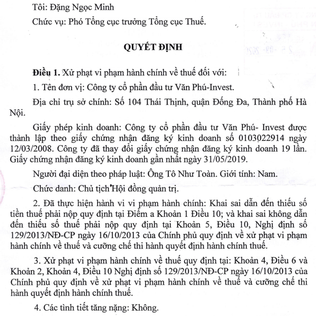 Tổng cục Thuế ban hành quyết định xử phạt vi phạm hành chính về thuế đối với Công ty CP Đầu tư Văn Phú – Invest