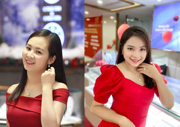 Lên đồ dịp giáng sinh, hot mom Nguyễn Phương Thanh và Hồng Nhung cũng tỏa sáng rực rỡ với thiết kế trang sức kim cương 8 Hearts & 8 Arrows lấp lánh, kết hợp cùng váy tông đỏ nổi bật.