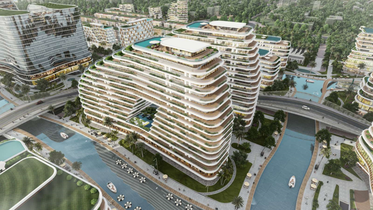 Dòng sông uốn lượn ôm trọn chân các khối công trình tạo nội khu cảnh quan đắt giá