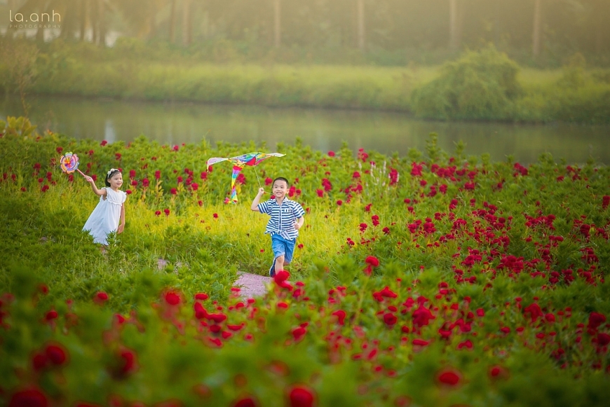 Trẻ em thả diều trong khu vườn rực rỡ sắc hoa.