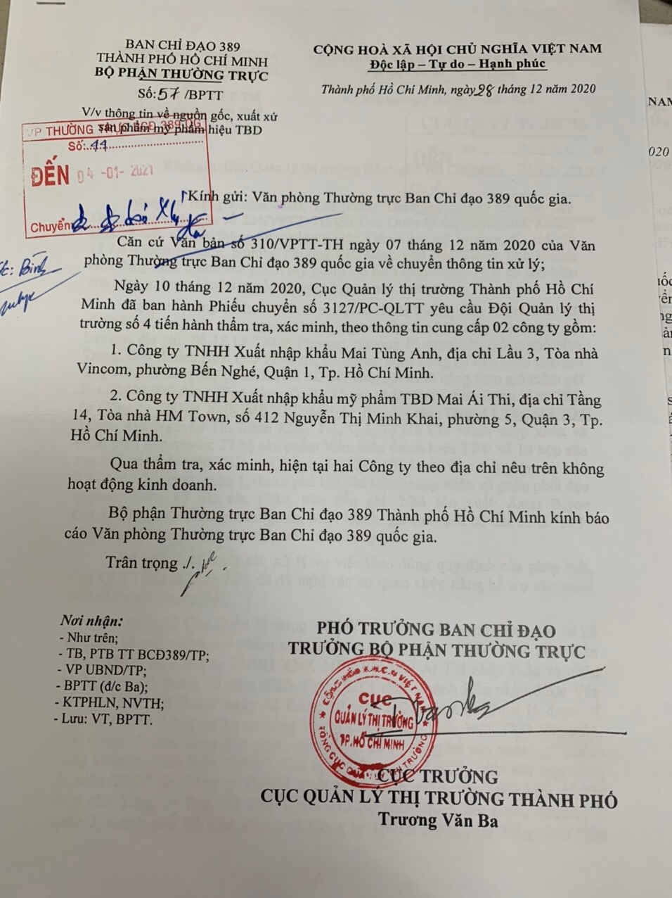 Tiếp bài mỹ phẩm TBD thần thánh nhái nhãn mác, xuất xứ hàng hóa:  Văn phòng Ban chỉ đạo 389 Quốc gia vào cuộc làm rõ