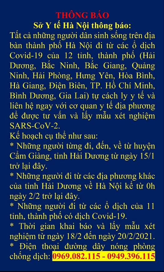 Nội dung thông báo của Sở Y tế Hà Nội.