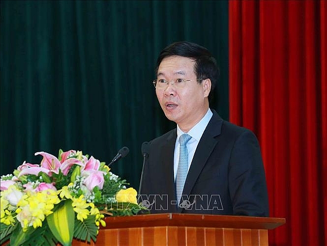 Đồng chí Võ Văn Thưởng, Uỷ viên Bộ Chính trị, Thường trực Ban Bí thư phát biểu tại hội nghị. Ảnh: Phương Hoa/TTXVN
