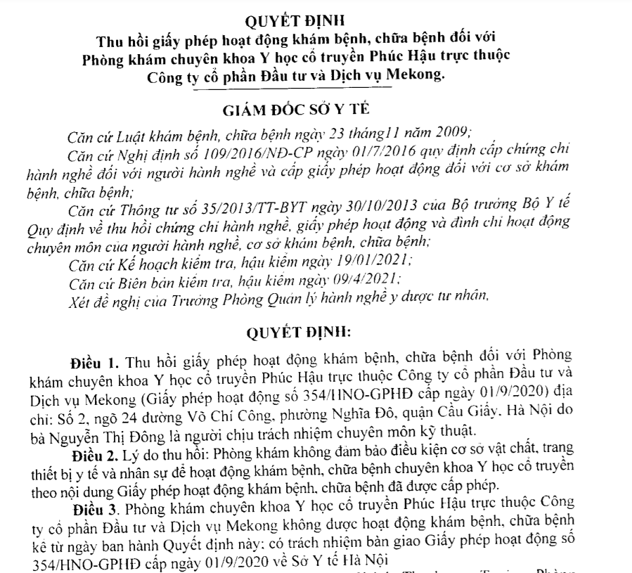Thu hồi giấy phép khám, chữa bệnh đối với Phòng khám Y học cổ truyền Phúc Hậu