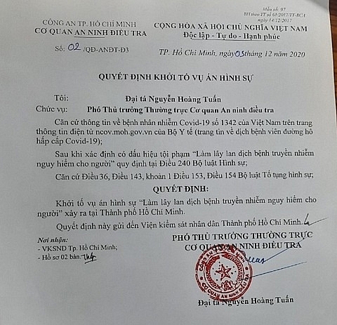 Quyết định khởi tố trường hợp bệnh nhân gây hậu quả nghiêm trọng khi lây lan dịch bệnh trong cộng đồng. 